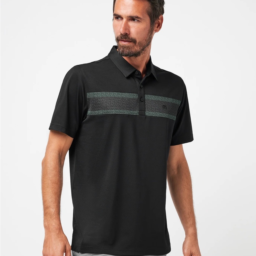 Travis Mathew Black Polo with Green Textured Chest Stripe